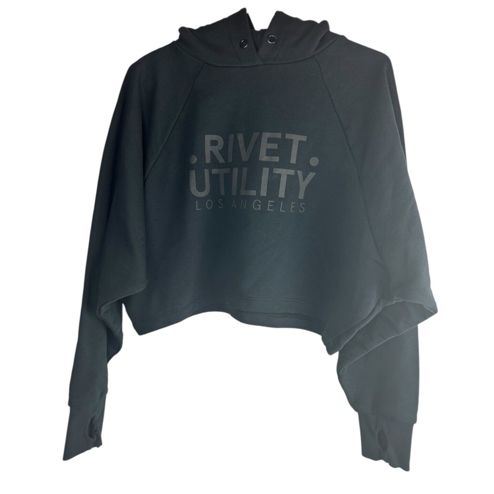 Rivet Utility Deven Cropped Hoodie Black Crop Sweatshirt Small Oversized Logo - Picture 2 of 8